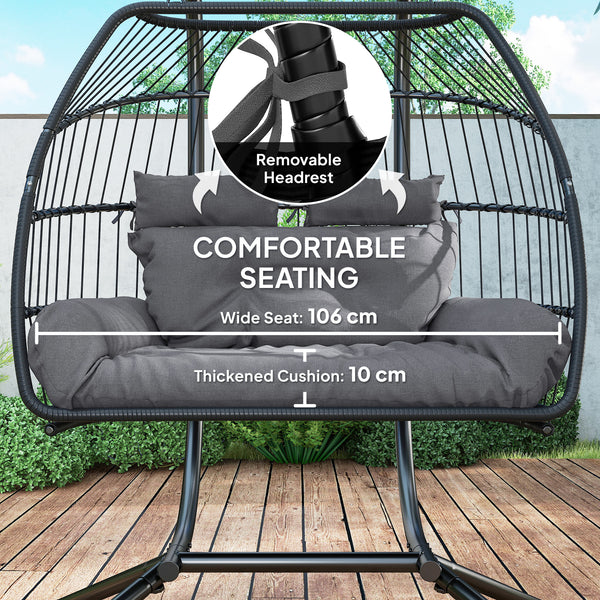 Double wicker swing with stand, foldable and hanging, UV-resistant cushion, headrest, dark gray