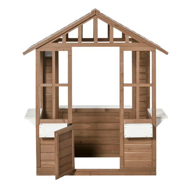 Wooden playhouse with planter, working door and windows, brown