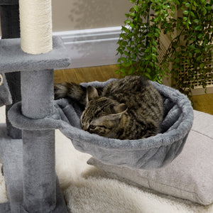 55" Cat Tree with Bed, Ramp, Hammock, Hanging Toys, Sisal Rope Scratching Post, Grey