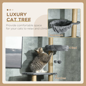 Cat tree, ceiling height 230 to 250 cm, with scratching post, hanging balls, platforms, bed and hammock, gray