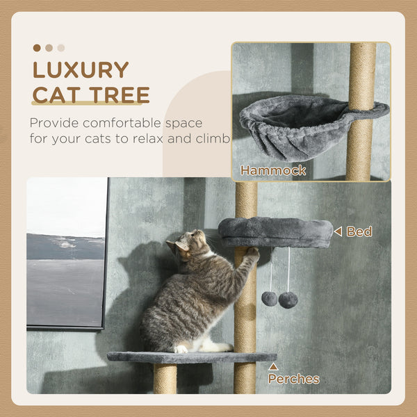 Cat tree, ceiling height 230 to 250 cm, with scratching post, hanging balls, platforms, bed and hammock, gray