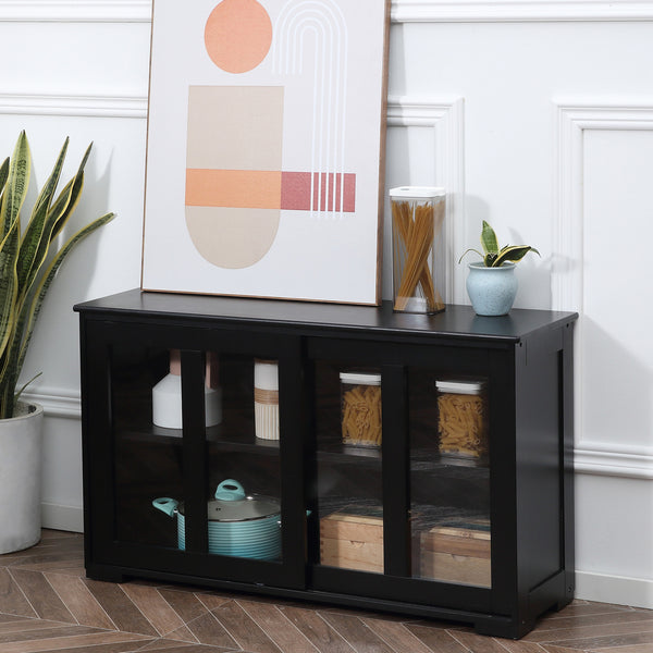 Modern kitchen sideboard with sliding glass door, black