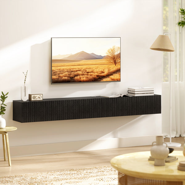Floating wall-mounted TV unit for TVs up to 72 inches with 2 fluted drop-down doors, black