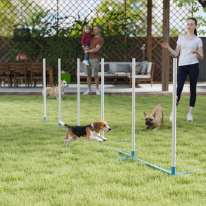 Adjustable Dog Agility Training Obstacle Set with Weaves Poles and Storage Bag for Pet Dogs Outdoor Games Exercise Blue and White
