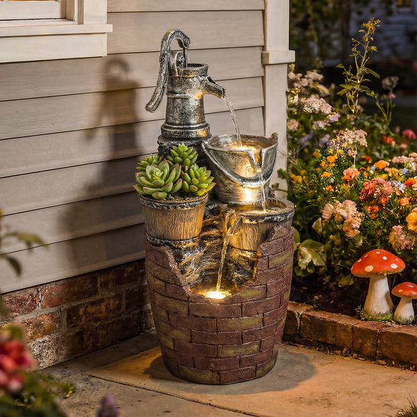 4-Tier Outdoor Fountain with Planter, Waterfall and LED Lighting, Rustic Brown and Grey.