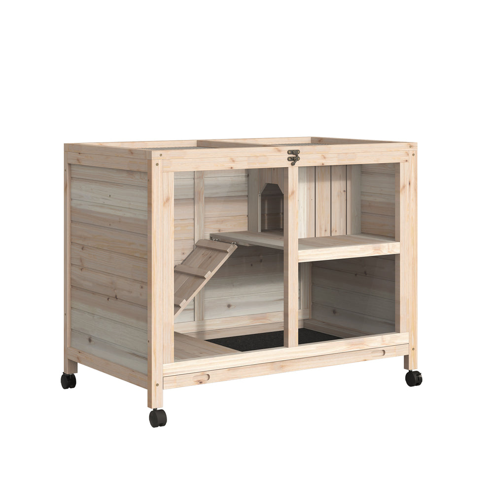 Indoor Rabbit Hutch with Wheels, Bunny Cage Guinea Pig House W/ Top Access, Ramp, Pull Out Tray, Natural Wood