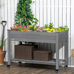 Raised wooden planter with lockable casters and storage shelf, dark grey