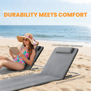 2 Pieces Beach Lounge Chair, Outdoor Folding Chaise Lounge Set w/ Pillow for Sunbath, Snap, Grey