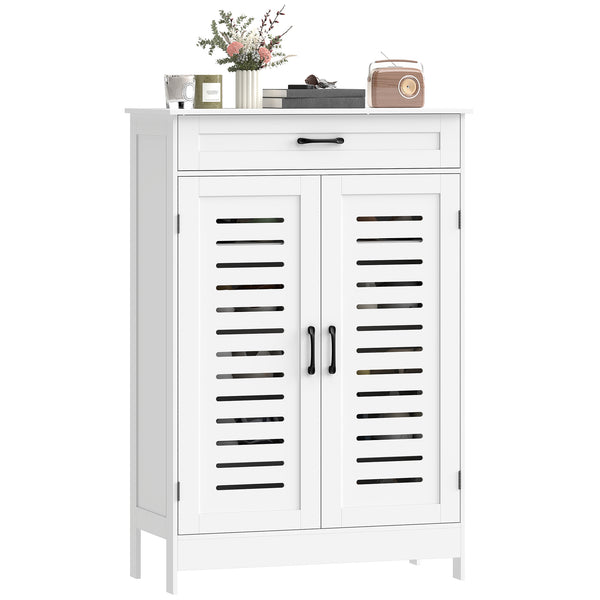 Shoe cabinet with louvered doors, drawer and adjustable shelves, white