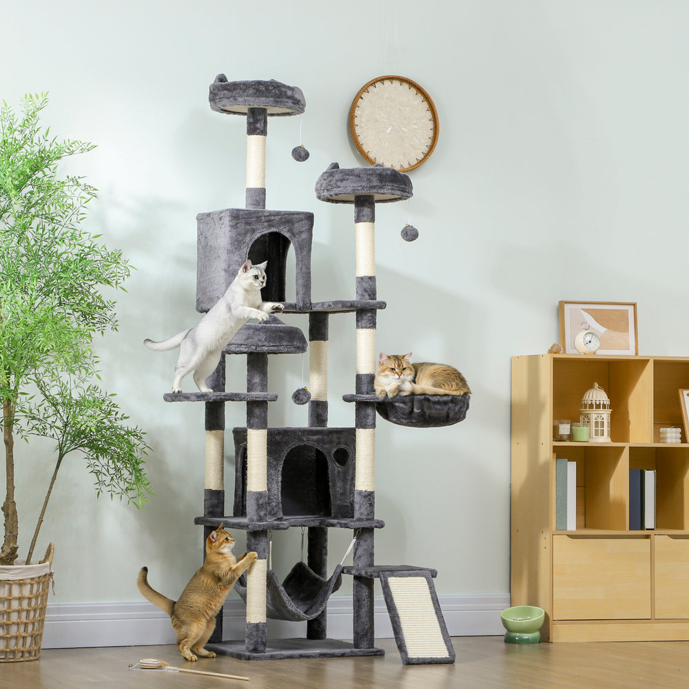 193cm Large Cat Tree for Indoor Cats with 8 Scratching Posts, 3 Soft Beds, 2 Hammocks, 2 Large Shelters and a Ramp, Dark Grey