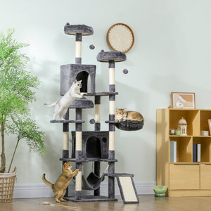193cm Large Cat Tree for Indoor Cats with 8 Scratching Posts, 3 Soft Beds, 2 Hammocks, 2 Large Shelters and a Ramp, Dark Grey