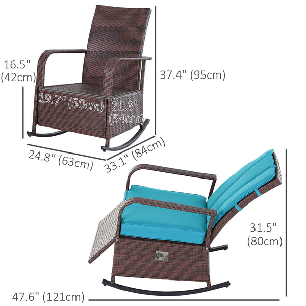 Synthetic rattan rocking chair with cushion, adjustable footrest and armrests, turquoise