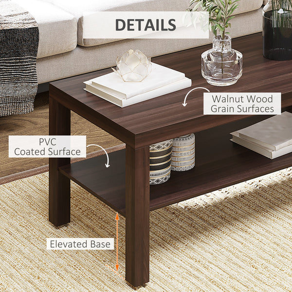 2-Tier Coffee Table with Storage Shelf, Rectangular Center Table for Living Room, Walnut