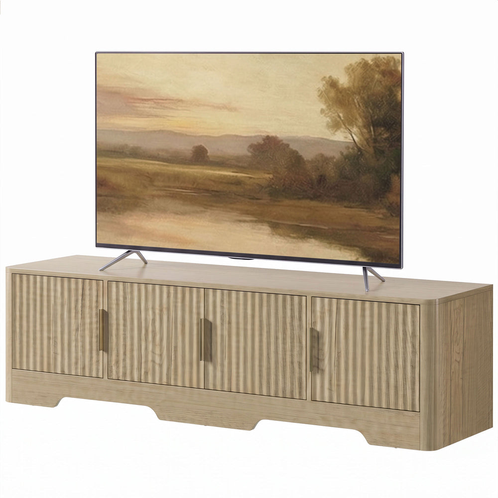TV stand for TVs up to 60 inches, modern with fluted doors, oak finish