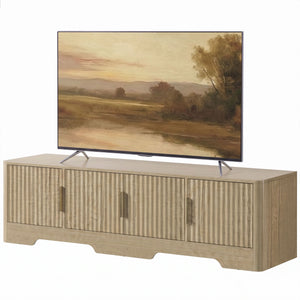TV stand for TVs up to 60 inches, modern with fluted doors, oak finish