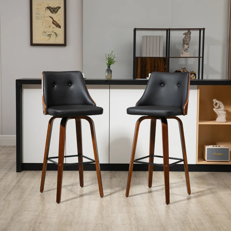 Set of 2 bar stools upholstered in faux leather with solid wood legs