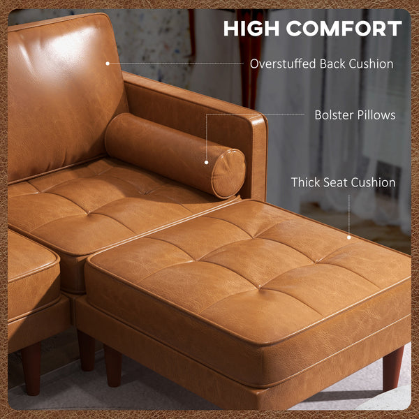 Faux Leather Sectional Sofa with Ottoman and 2 Bolster Cushions, Brown