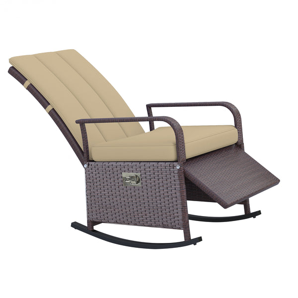 Outdoor rocking chair in PE rattan with cushion and footrest