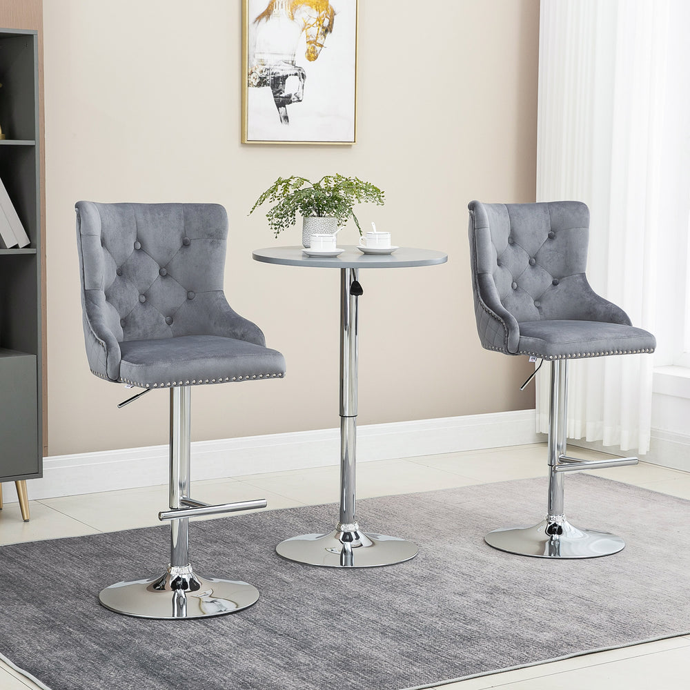Set of 2 modern adjustable bar stools in velvet, grey