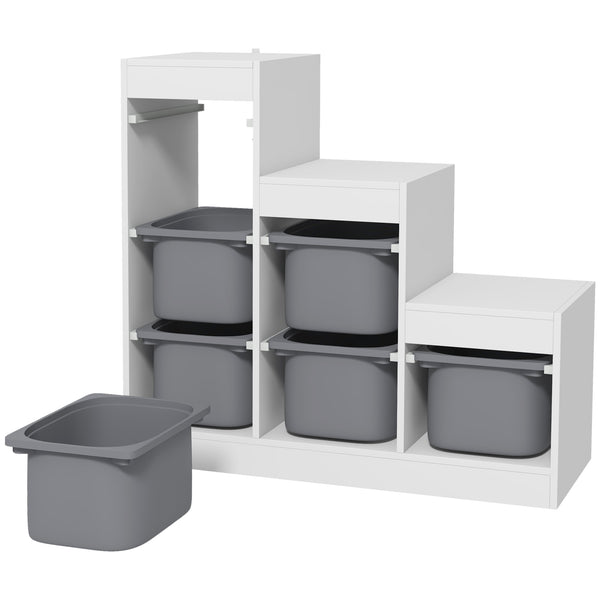 3-Tier Toy Storage Shelf with 6 Plastic Bins, White