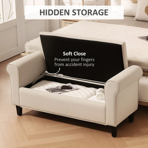 Ottoman storage bench, button-tufted seat and rolled arms – Beige