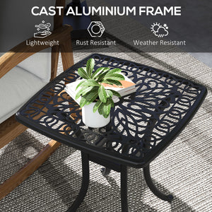 21" Square Outdoor End Table, Cast Aluminum Patio Side Table with Umbrella Hole for Garden, Balcony, Poolside, Black