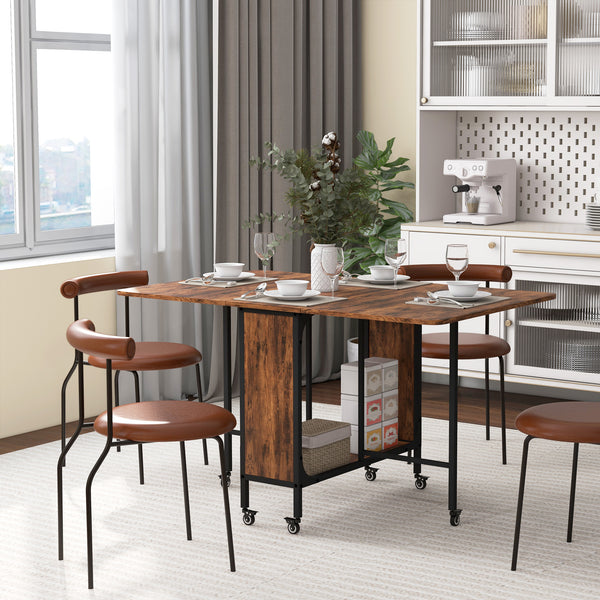 Folding dining table with storage shelf, rustic brown