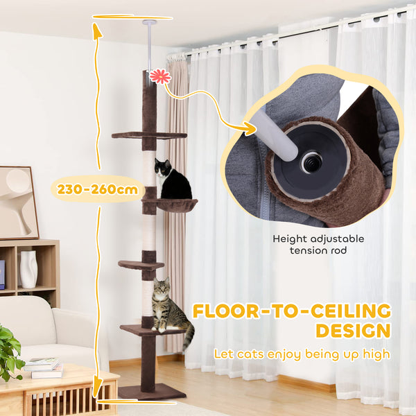 2.6m 5-Level Cat Tree with Scratching Post, Brown and White