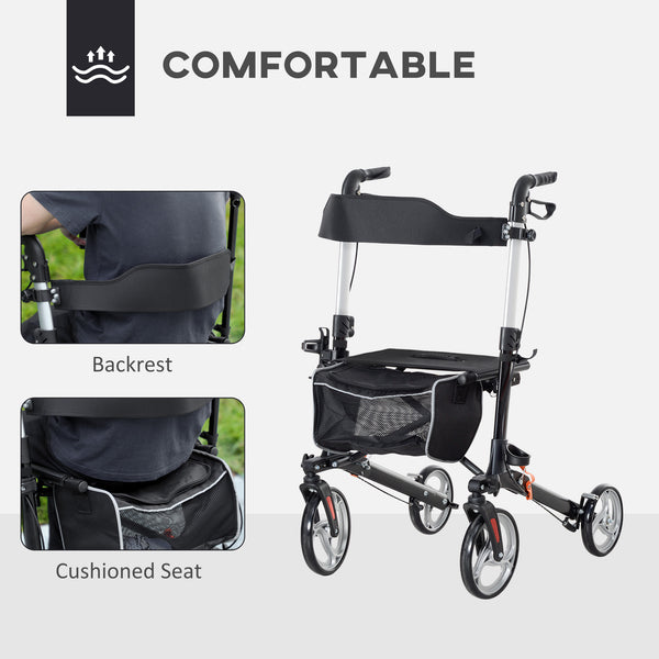 Lightweight Folding Walker with Large Seat and Adjustable Handle Black