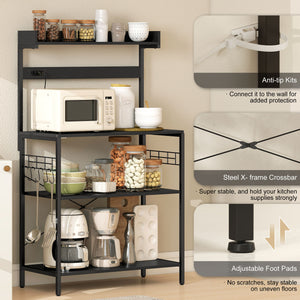 Kitchen shelf with electrical outlet, coffee corner with adjustable shelves and hooks, aged black