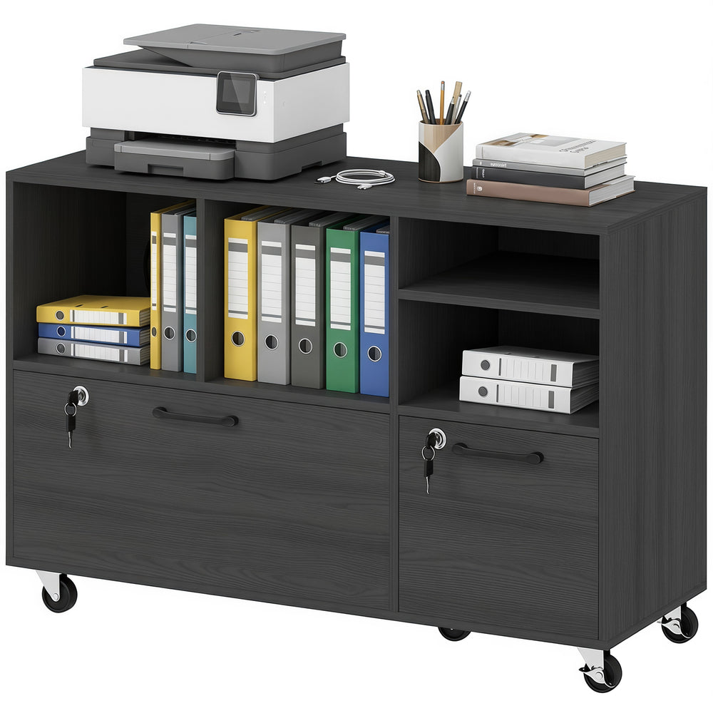 Mobile filing cabinet with charging station, locking drawers, and file storage, dark gray