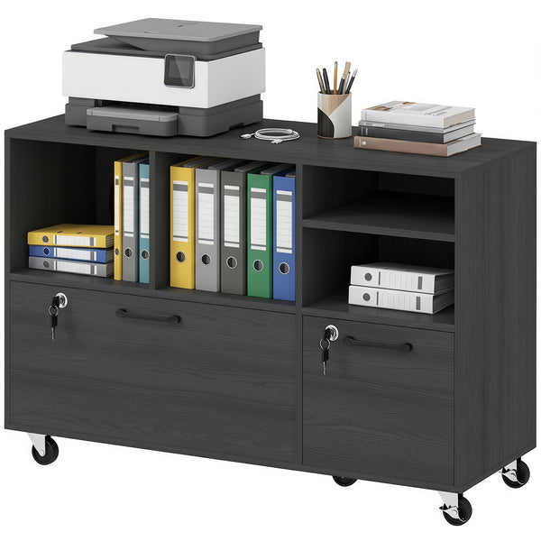 Mobile filing cabinet with charging station, locking drawers, and file storage, dark gray