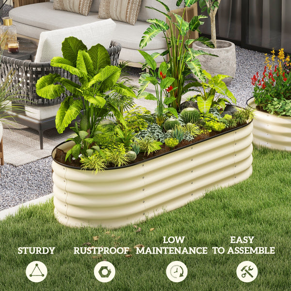 Raised galvanized steel planter with safety rim, cream white