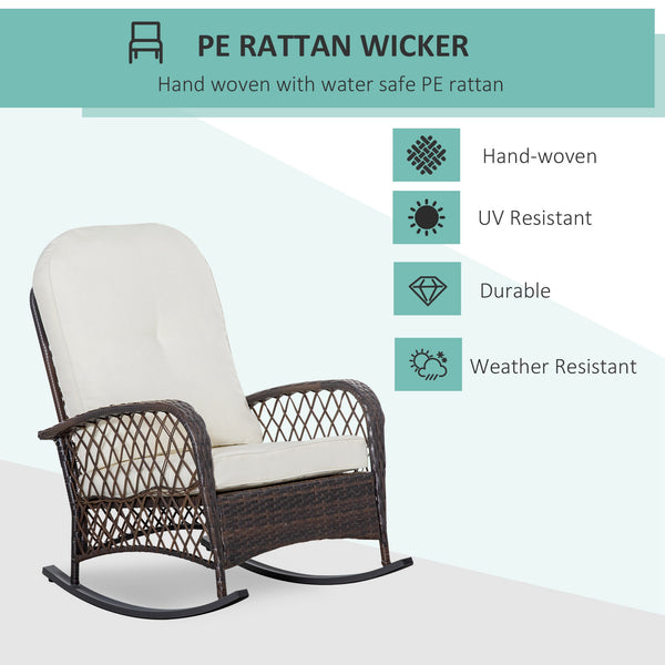 Rattan and wicker rocking chair with thick cushions, cream white