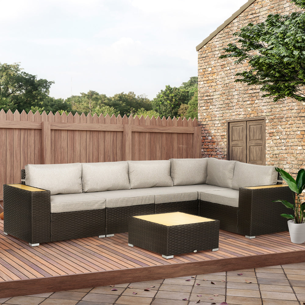 6 Pieces Outdoor Rattan Patio Furniture Set with Corner Sofa, Wood-Plastic Coffee Table, Light Grey