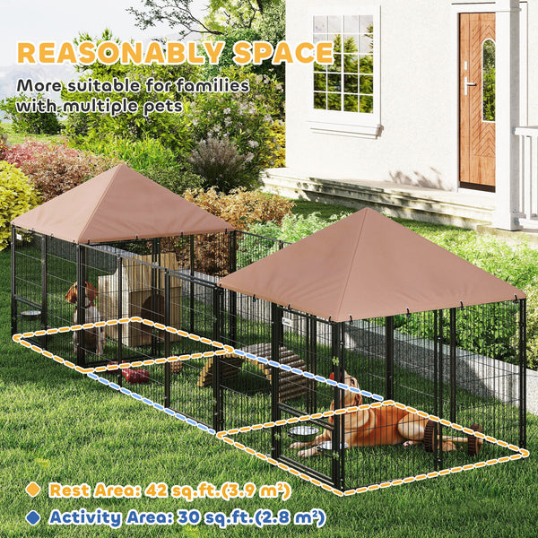 Enclosure with 2 compartments, rotating bowls, and waterproof cover