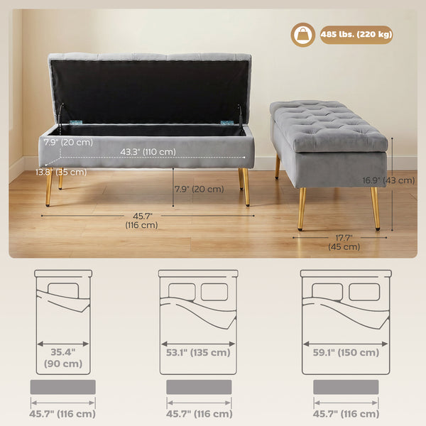 Ottoman storage bench, velvet tufted seat and gold legs – Gray and gold