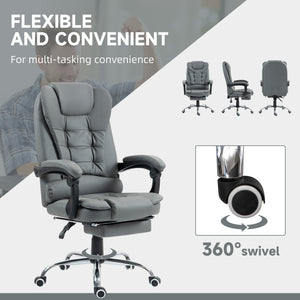 High-back office chair in faux leather with retractable footrest, grey