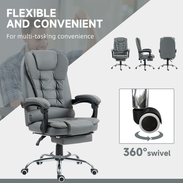 High-back office chair in faux leather with retractable footrest, grey