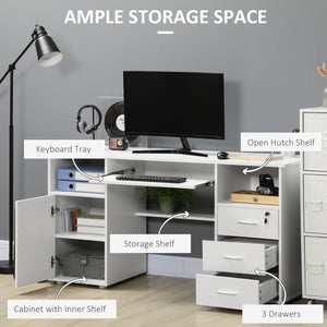 Computer desk with keyboard tray and drawers, white