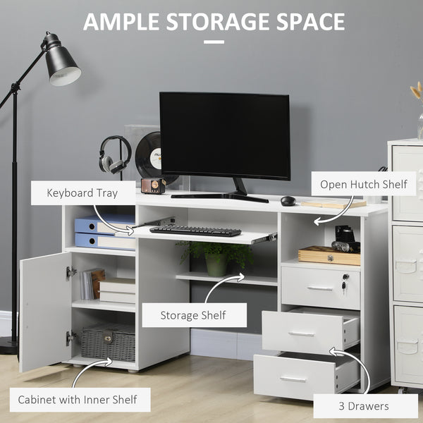 Computer desk with keyboard tray and drawers, white