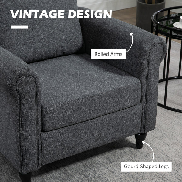 Vintage upholstered armchair with rolled armrests and rubberwood legs, dark gray