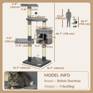 46-inch Multi-Level Cat Tree for Large Adult Cats with Toys and Condo, Gray
