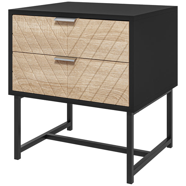 Modern bedside table with 2 drawers and steel structure, black and oak