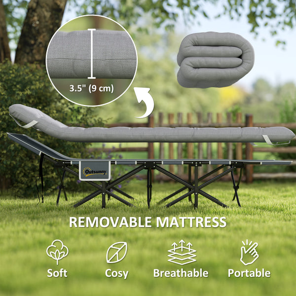 Adult Camp Bed with Mattress, Carry Bag, Storage Pocket, Light Grey