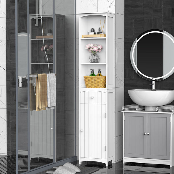 Tall white wooden bathroom storage cabinet