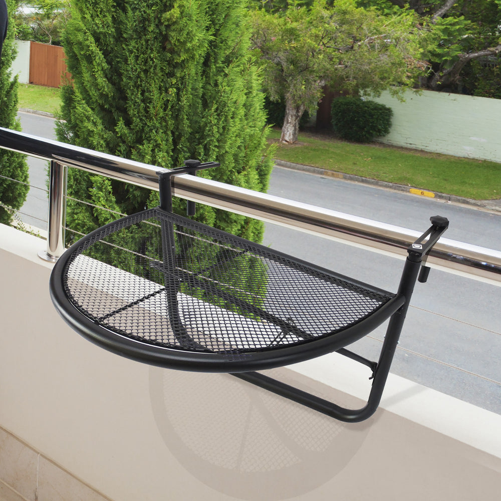 Adjustable balcony table with metal hanging rail, black