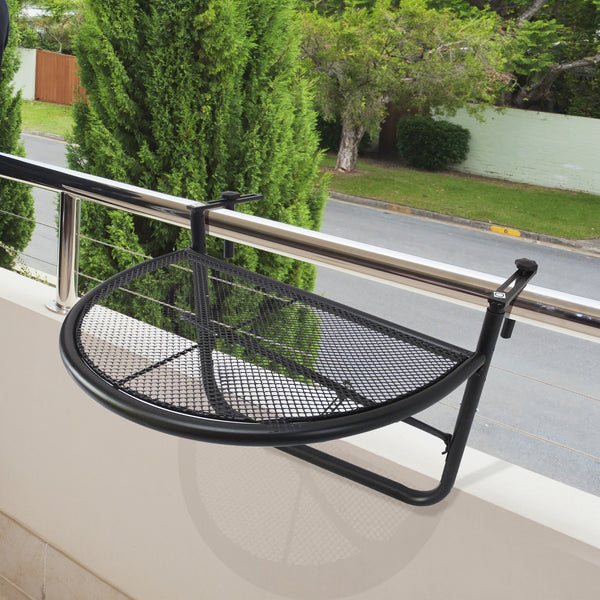 Adjustable balcony table with metal hanging rail, black