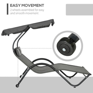 Outdoor Patio Chaise Lounge Chair, Patio Sun Lounger w/ Sunshade Roof, for Two People with Wheels and Breathable Sling Mesh Bed, Pillows, Dark Gray