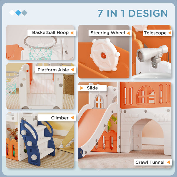 7-in-1 Toddler Slide with Basketball Hoop, Climbing Structure, Telescope, Tunnel and Flying Machine